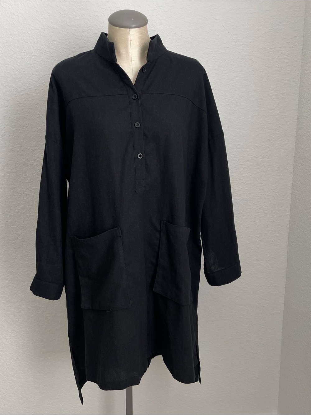 BUYKUD Black Linen Tunic Pop Over Lagenlook Top Size Large